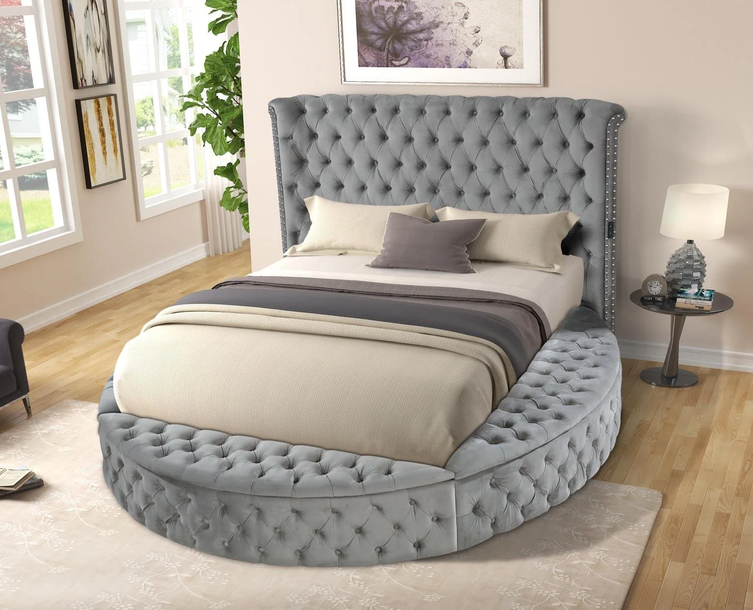 Queen: $1,100 - King: $1,300 (B125)
Color: Gray

Features: Upholstered, Bluetooth Speaker,
USB Charger, Storage, Velvet