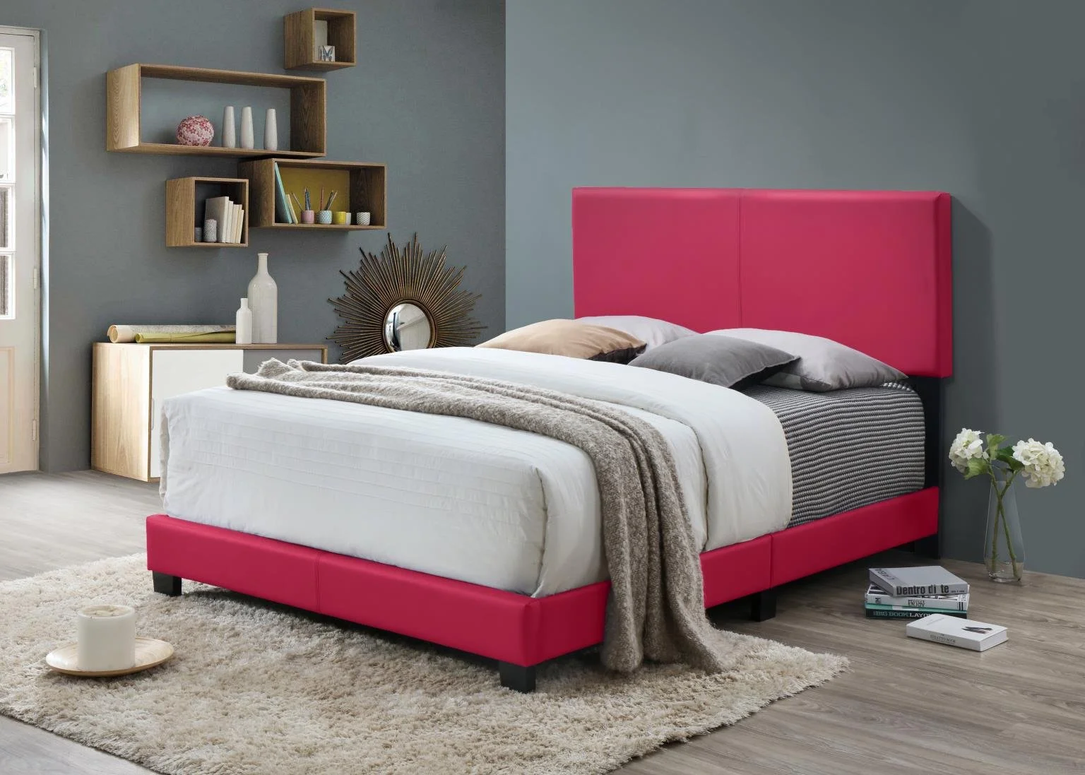 Twin: $140 - Full: $160 (B807)
Color: Pink
Features: Upholstered, Platform, Topical Wood Frame