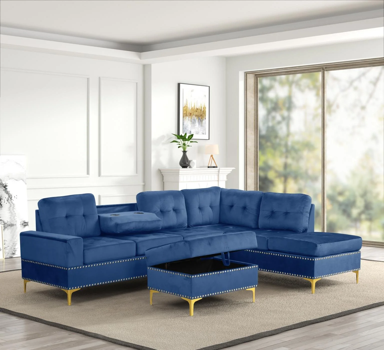2PC Velvet Sectional $1,100(S564)
Color:Blue
Features: Drop Down Table,Cup Holder,Nailhead Trim, Chrome Metal Legs,Ottoman Included
