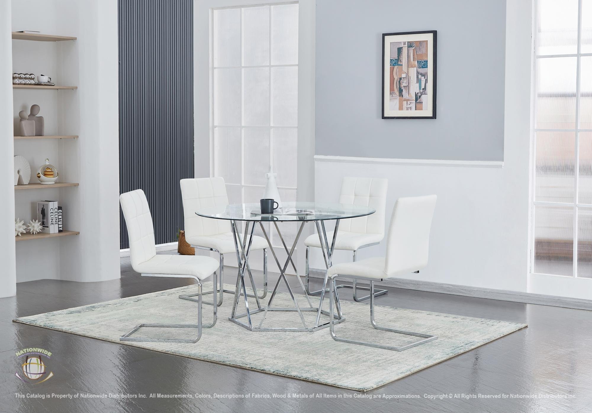 Modern dining room with a glass table, four white chairs, a black mug, a framed artwork on the light blue wall, a window with blinds, and a bookshelf with decorative items.