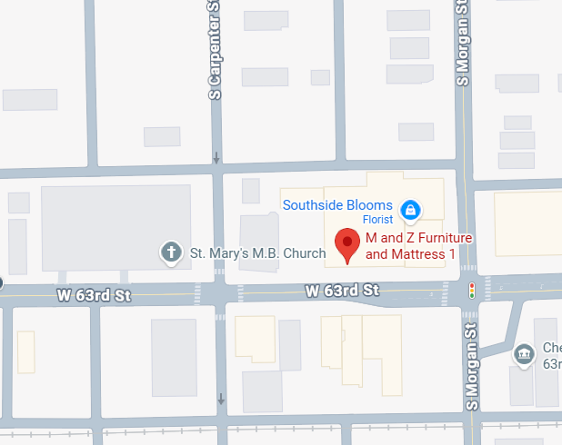 Map showing locations on West 63rd Street near South Morgan Street, including Southside Blooms Florist, St. Mary's M.B. Church, and M and Z Furniture and Mattress 1.
