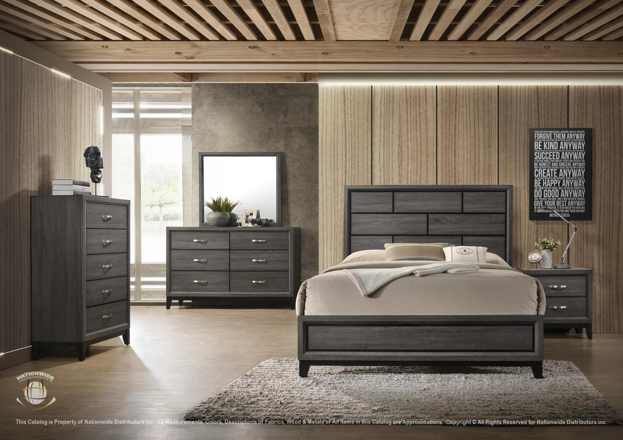 Modern bedroom with gray wood furniture, bed with beige bedding, black headboard, dresser, and nightstand. Decor includes a mirror, plant, clock, and wall art with quotes.