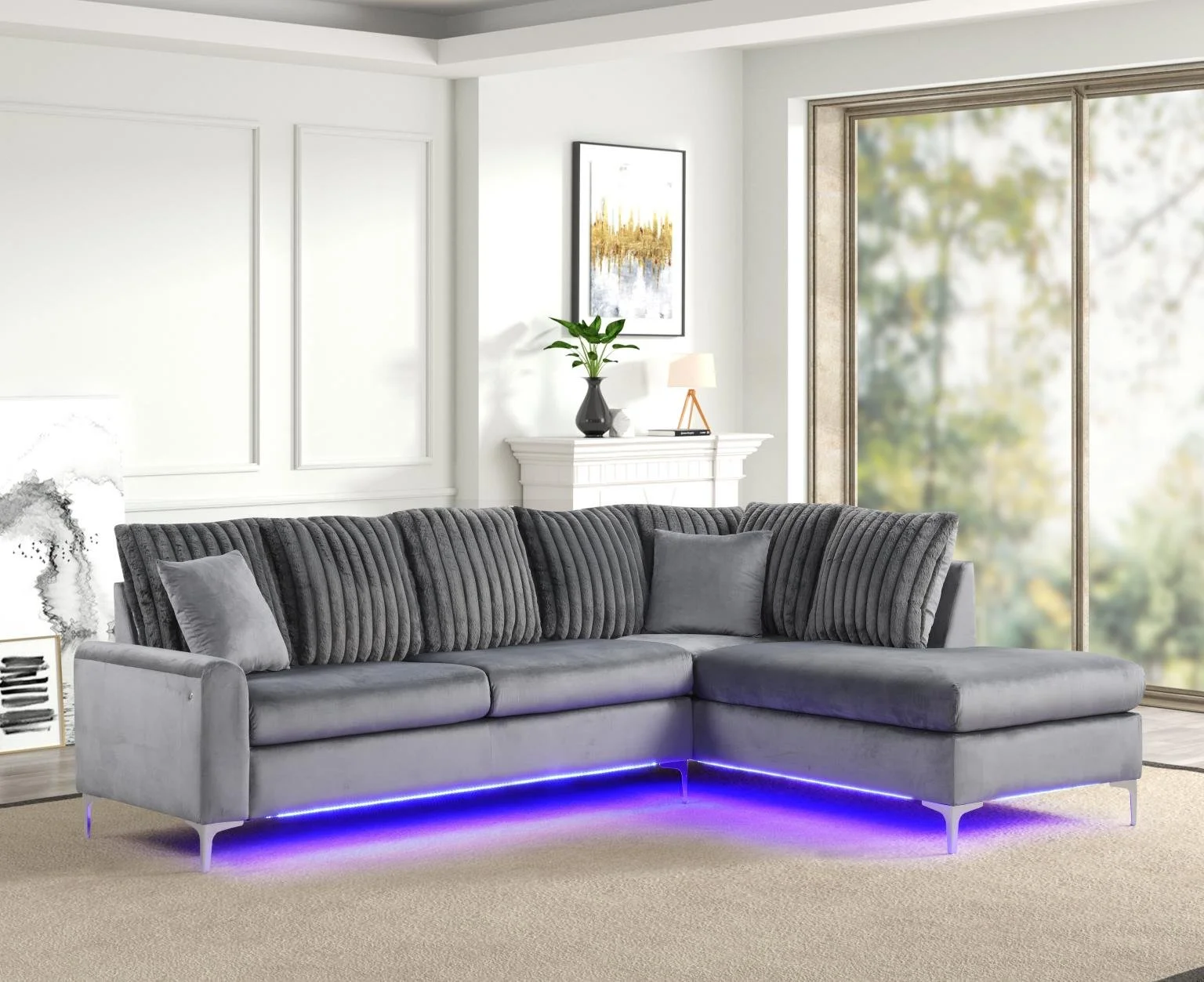 2PC L-Shaped Stationary Sectional $1,000 (S571)

 Color: Gray
- Features: LED Light, Removable Seat Cushion, Chrome Metal Legs