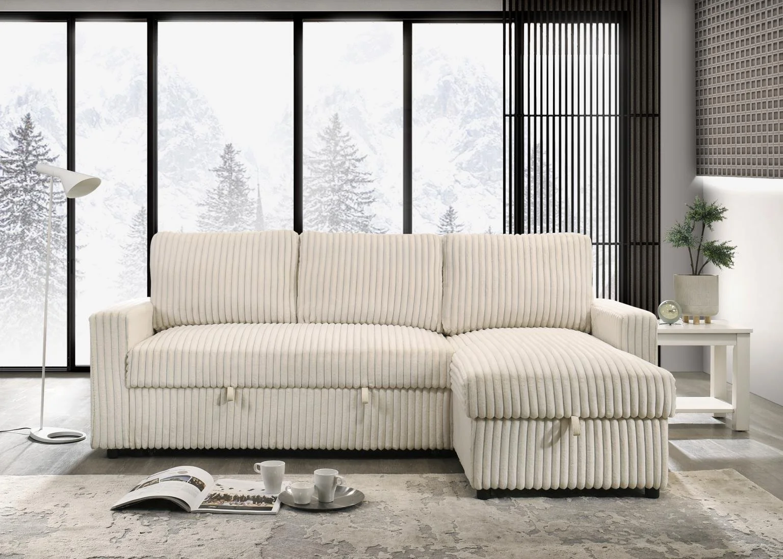 Reversible Sectional $900 (S344)

Color: Cream
Features: Soft Corduroy Fabric, Pull-Out Bed, Storage Chaise 