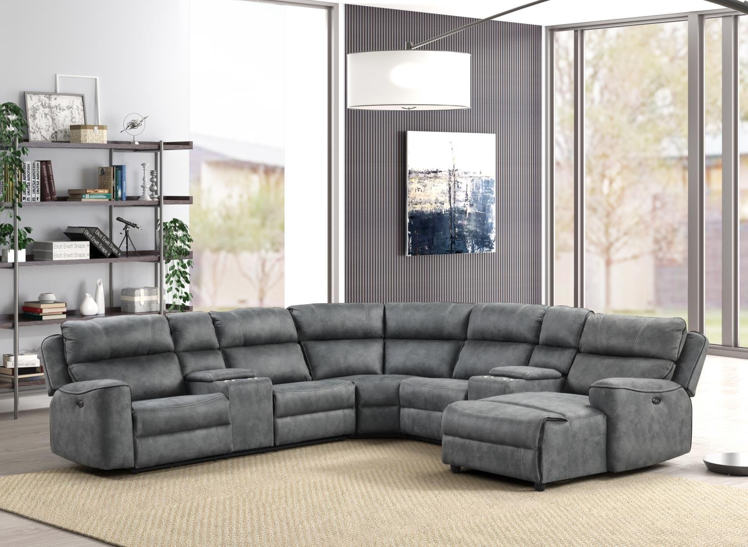 4PC Gray Power Reclining Sectional $2,600 (S425)

Color: Gray
Features: 2 Storage Consoles with Cup Holders, Power Source, USB Charger