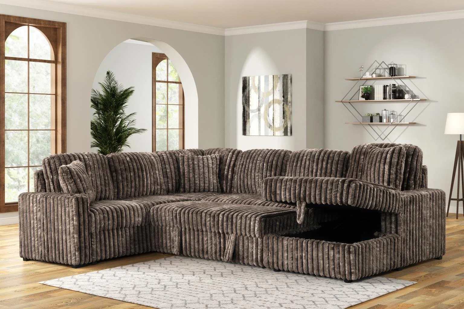 3PC Spacious Sectional $1,800(S509)
Color:Brown
Features: Pull-Out Sleeper, Lift-Up Storage Chaise, Cup Holders, USB - Type C