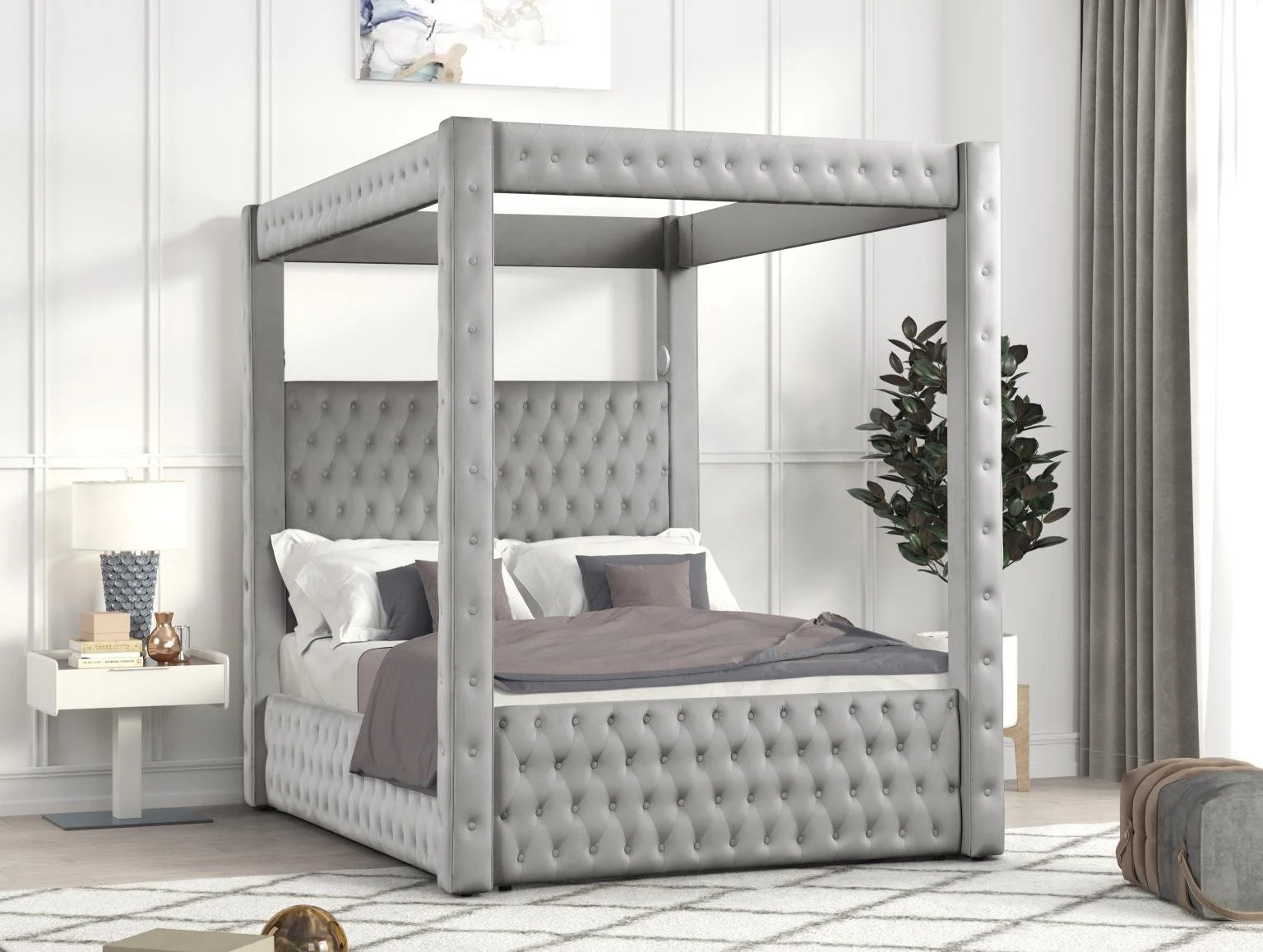 Queen: $900 - King: $1,000 (B145)
Color: Gray
Features: Bluetooth Speaker, USB Charger, Deep tufting, No box spring required