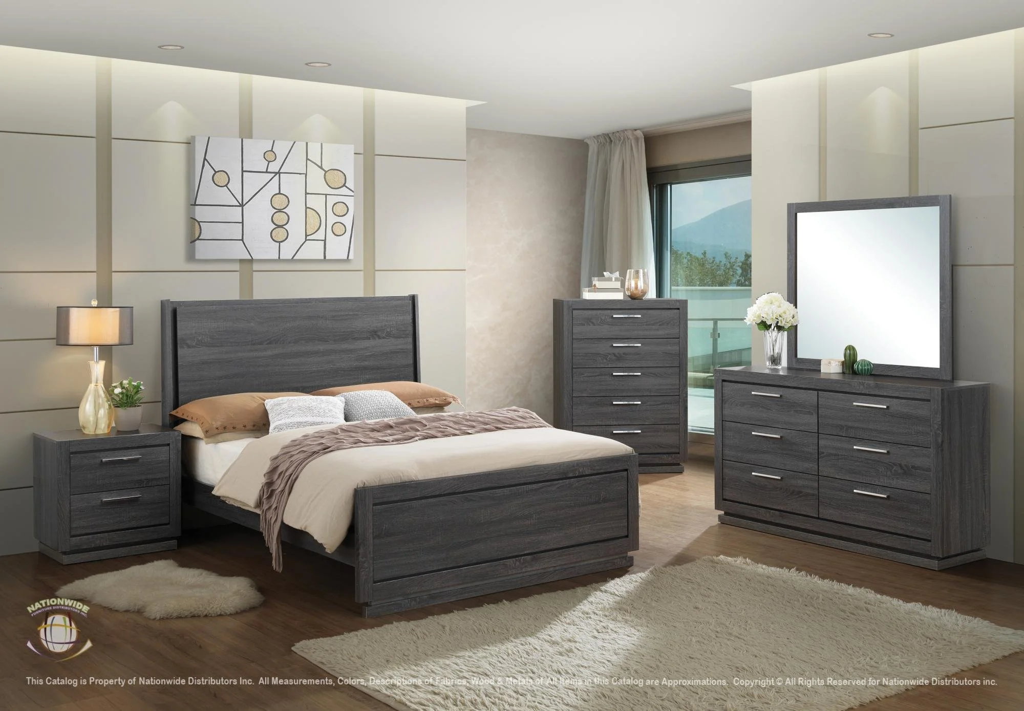 Modern bedroom with grey wooden furniture including bed, nightstand, dresser with mirror and chest of drawers, beige walls, wooden flooring, and a sliding glass door leading to a balcony with mountain view.