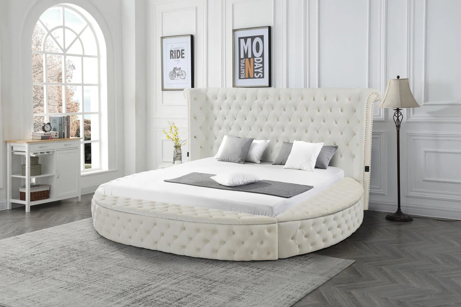 Queen: $1,100 - King: $1,300 (B127)
Color: Cream

Features: Upholstered, Bluetooth Speaker,
USB Charger, Storage, Velvet