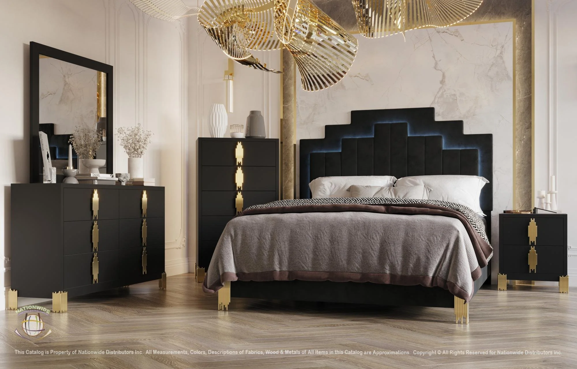 A luxurious bedroom with a black upholstered bed featuring gold accents on the headboard, nightstands, and dresser. The room has white paneled walls, a large mirror, decorative vases, and modern hanging gold light fixtures.