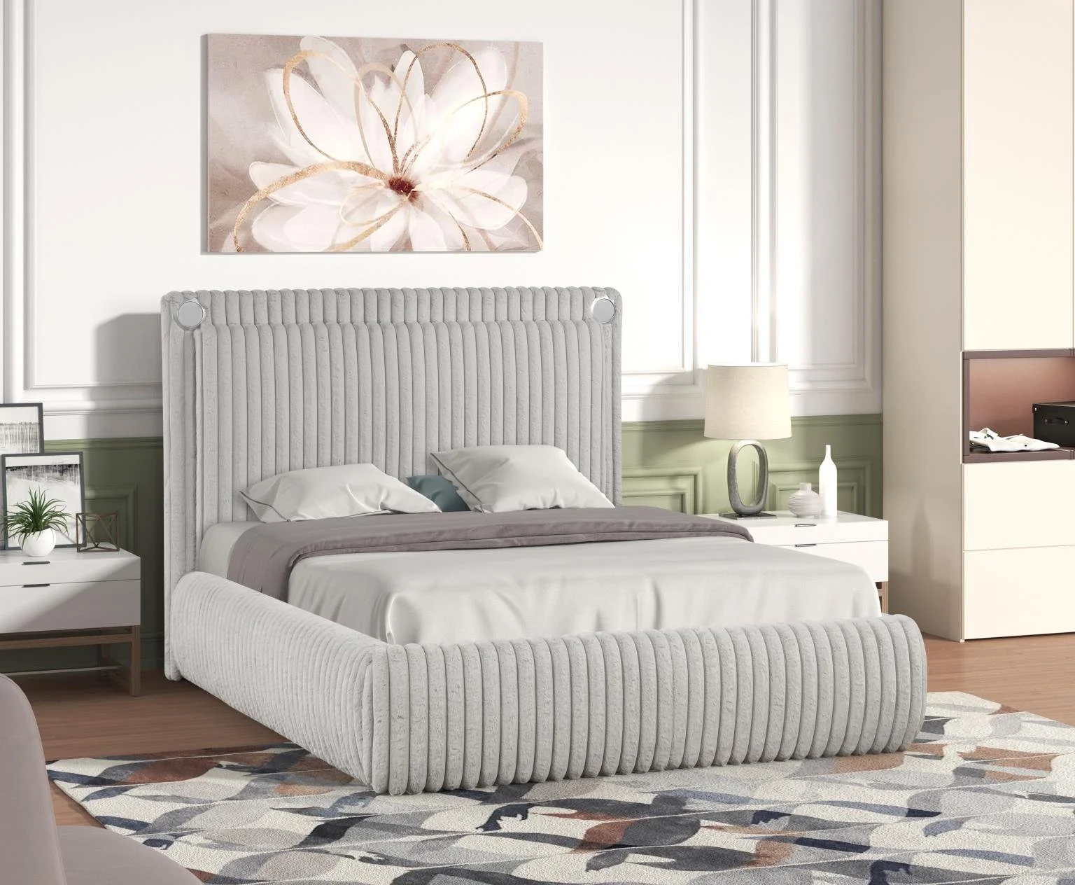 Queen: $760 - King: $860 (B161)

Color: Gray
Features: Bluetooth Speaker, USB Charger, No Box Spring required, Fur Fabric, Plywood