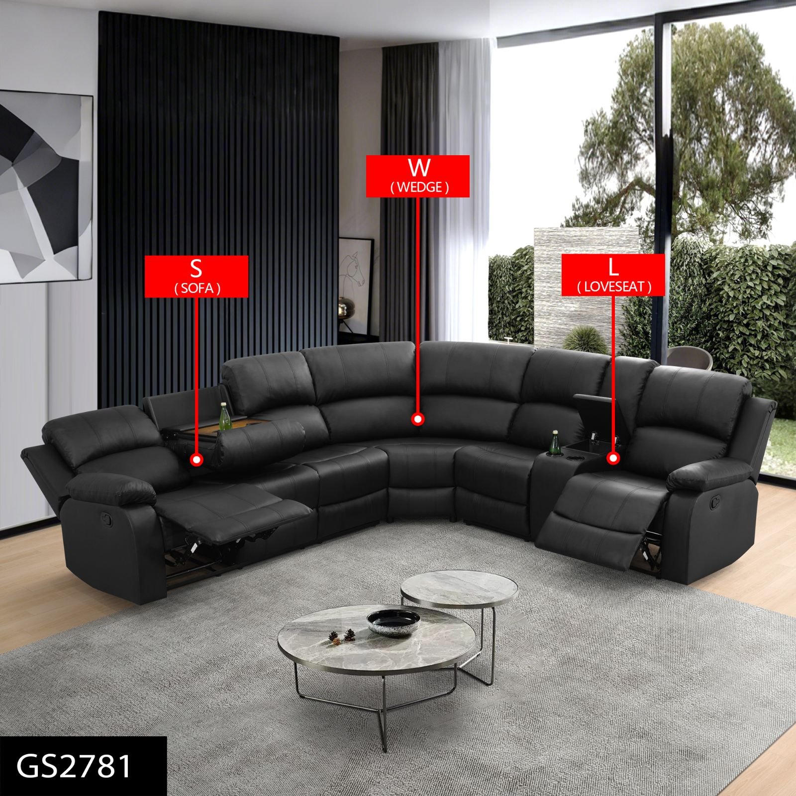 3PC Black Power Recliner Sectional $1,300 (GS2781)
Color: Black
Features: Drop-down table, Cup Holders, Storage Console