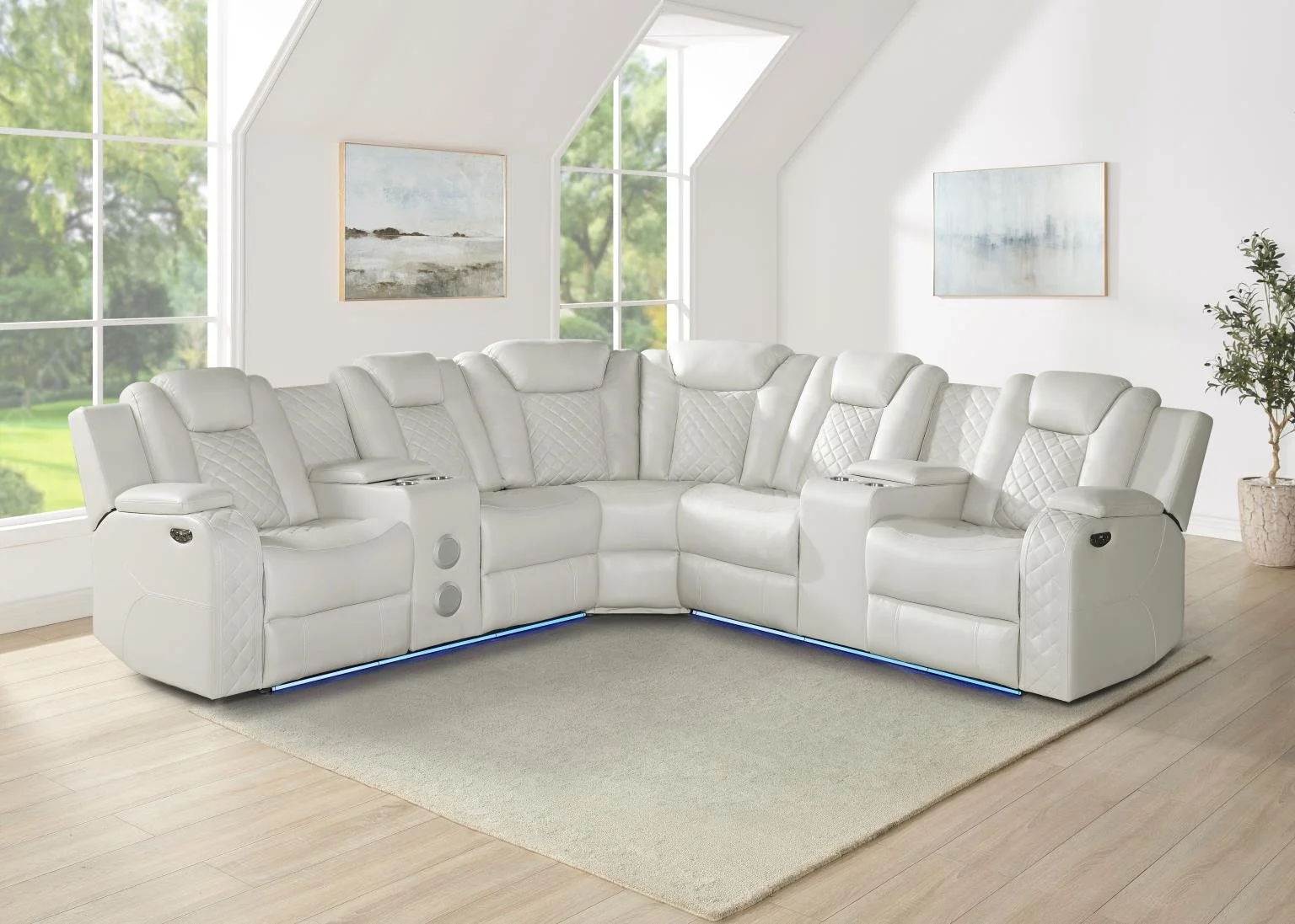 Power Recliner Sectional $2,500 (S405)

Color: White
Features: Bluetooth Speaker, Console, Cup Holders,LED lights, USB, Storage Armrest, Gel Leather