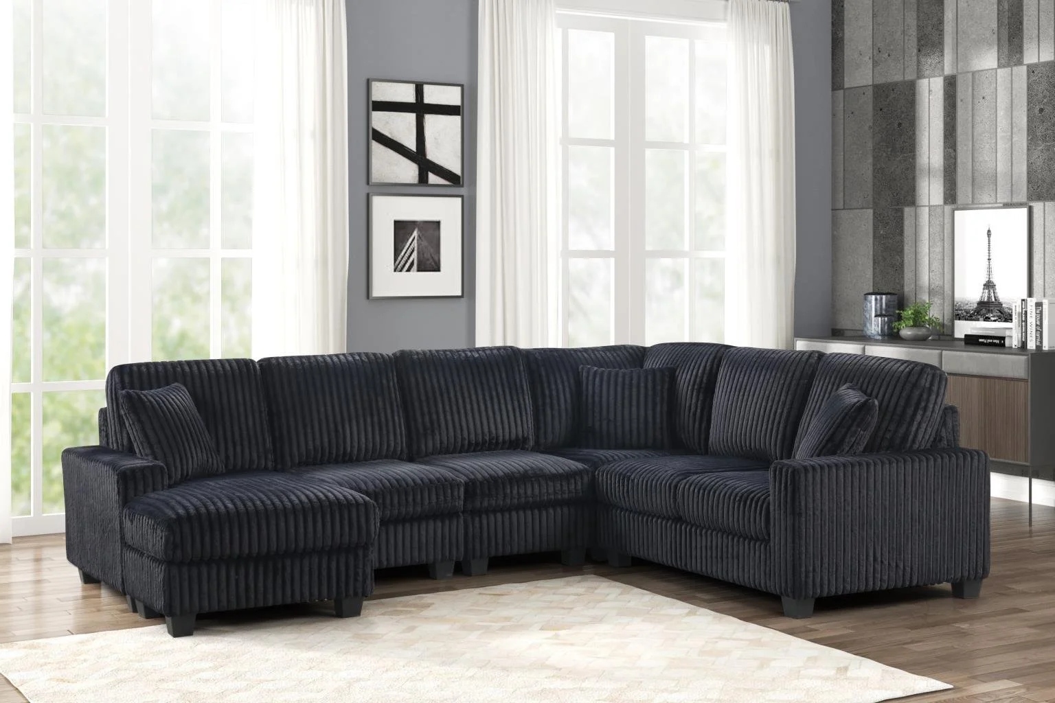 5PC Reversible Sectional $1,600 (S510)

Color:Black
Features: Wide Corduroy Fabric,Throw Pillows Included, Supportive Backrest