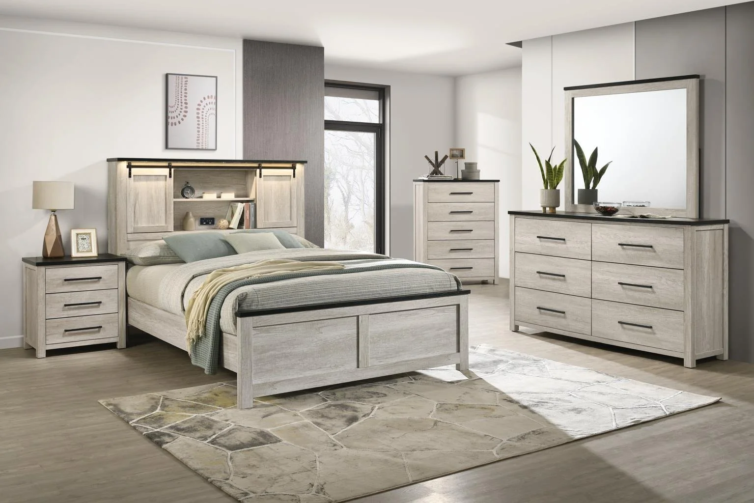 A modern bedroom with a light wood bed, nightstands, a dresser with a mirror, and a tall chest of drawers. The room features natural light, a neutral color palette, and minimalistic decor with plants and picture frames.
