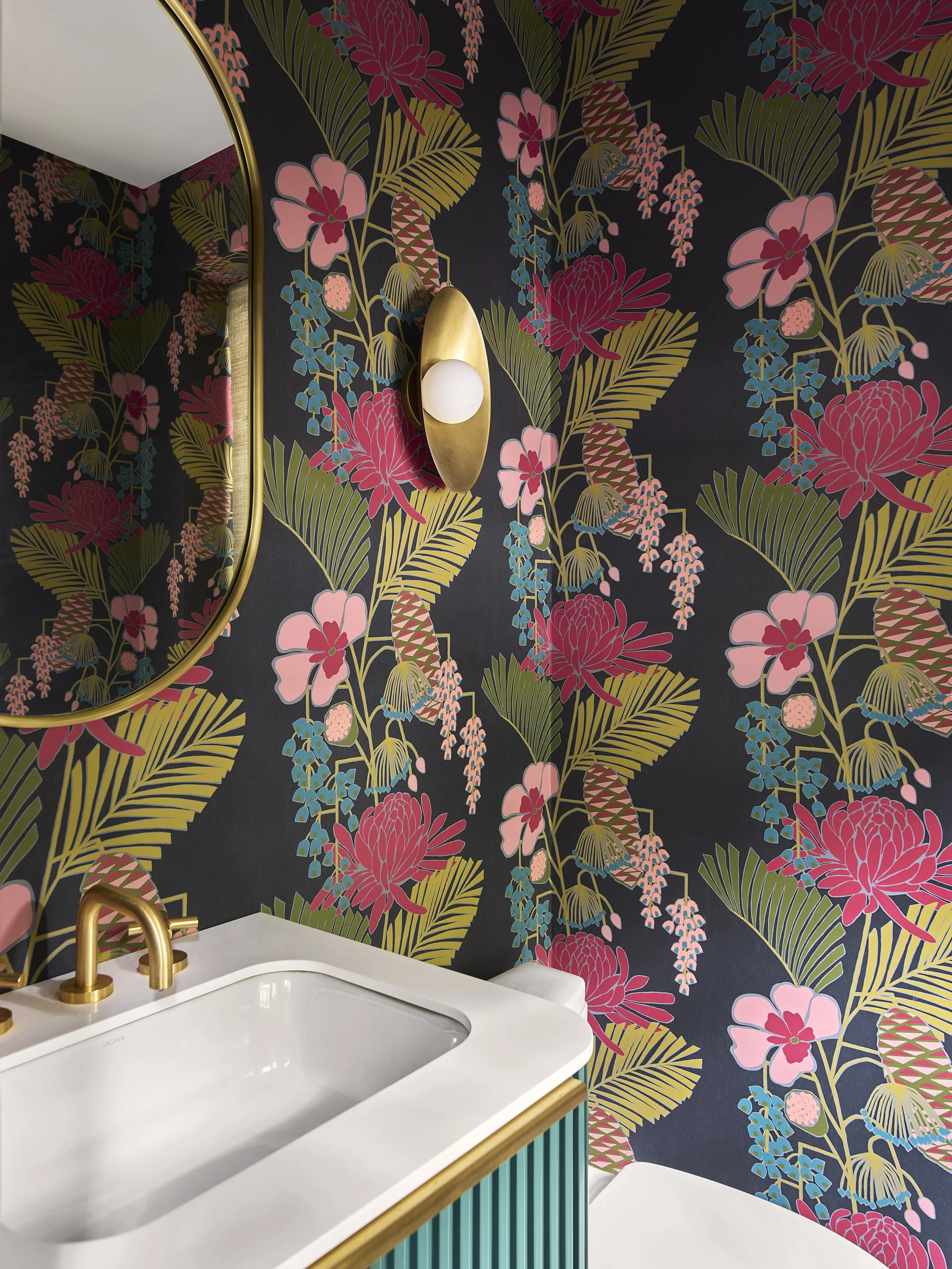 powder room with floral wallpaper