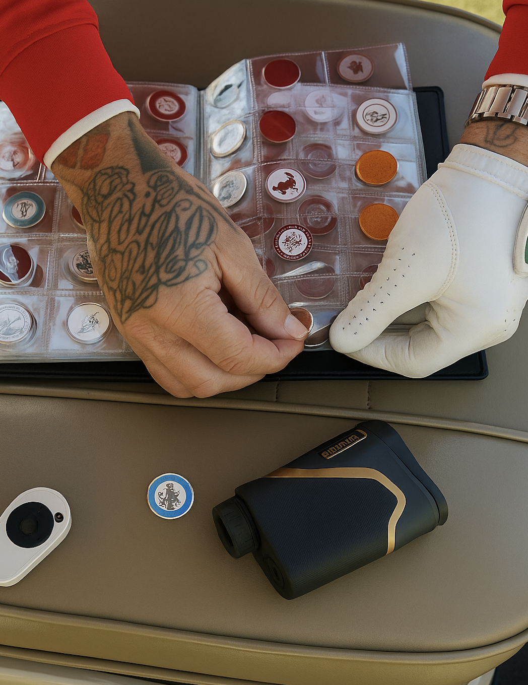 Man with tattooed hands handling collectible coins from a coin album in a luxury car.