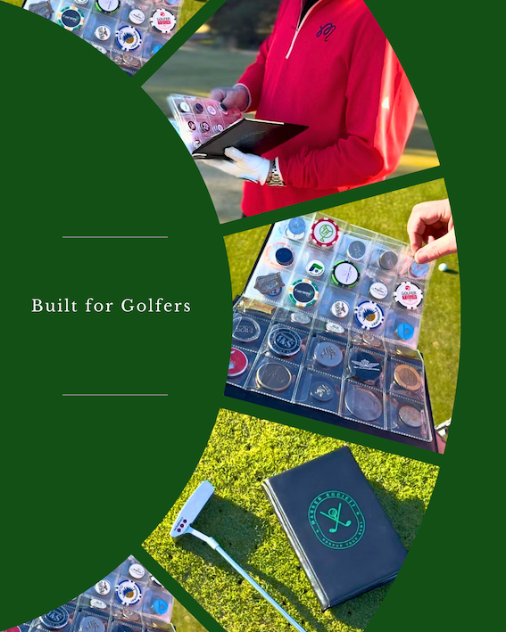 A promotional poster for golf accessories shows a person in a red jacket holding a tool and a collection of golf spare parts in a plastic case. The background features a golf course and the text reads 'Built for Golfers'.