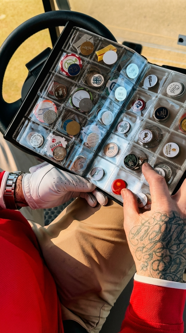 A person wearing a red long sleeve shirt and beige pants holds an open golf ball marker display case with golf club logos and memorabilia, with tattoos visible on their hand and arm.