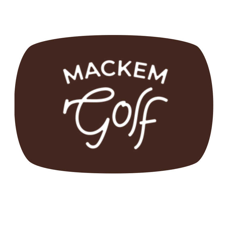 Logo with brown rounded rectangle background and white text reading "Mackem Golf".