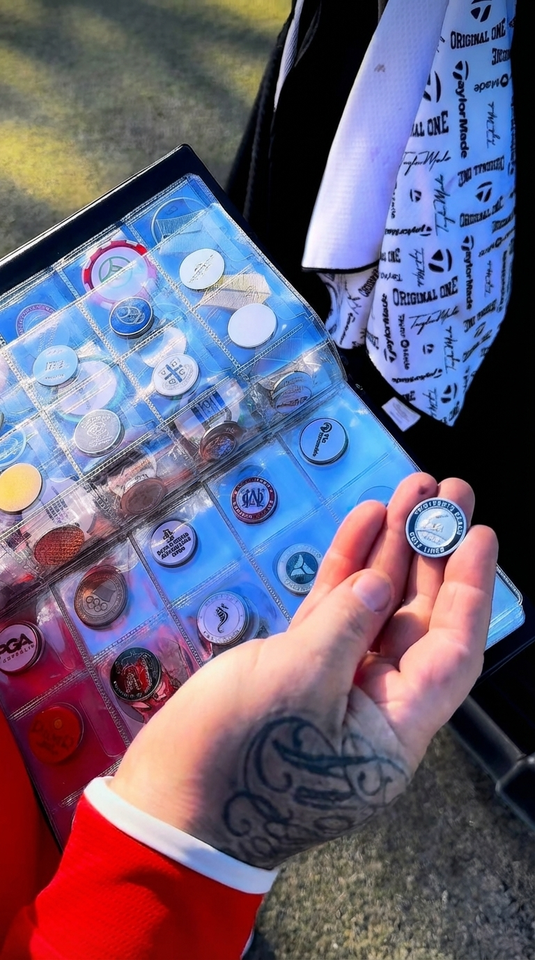 Person holding a golf ball marker with a collection of other similar markers in a book, and another person in the background wearing a jacket with logos and writing.