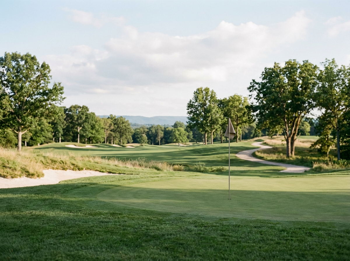 A golf course with a green, flagstick, trees, sand traps, and a winding path, under a partly cloudy sky.