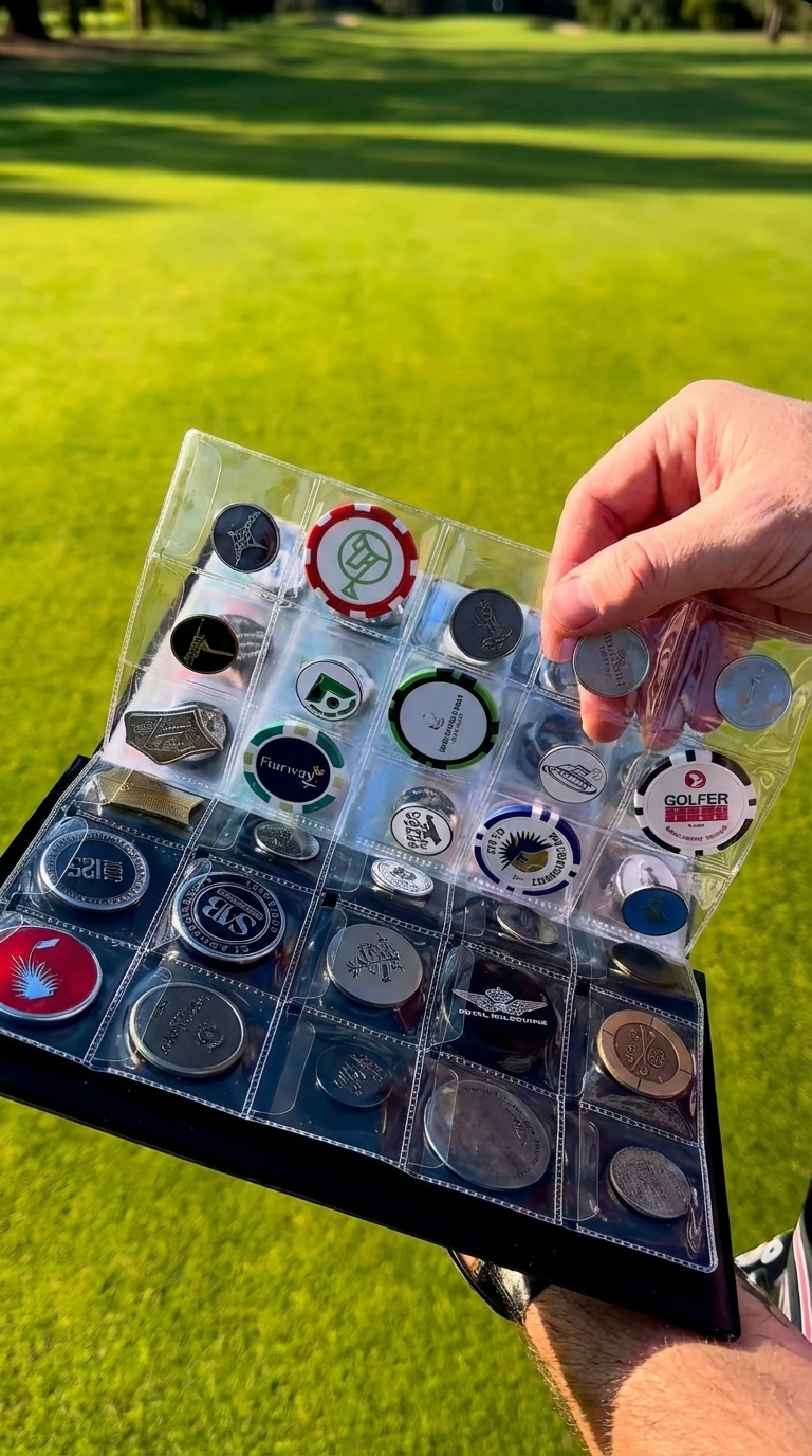 Hand holding a golf display case with golf balls and related pins against a golf course background.