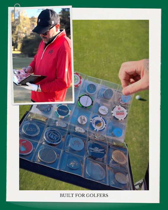 A person is looking at a smartphone or tablet outdoors, with a display of golf ball markers in a plastic case. The main image shows a man in a red jacket and black cap, while the inset shows a hand flipping through the golf ball markers on grass.