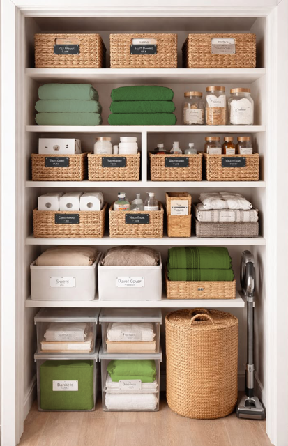 Closet with organized shelves holding towels, bedding, cleaning supplies, and storage baskets.