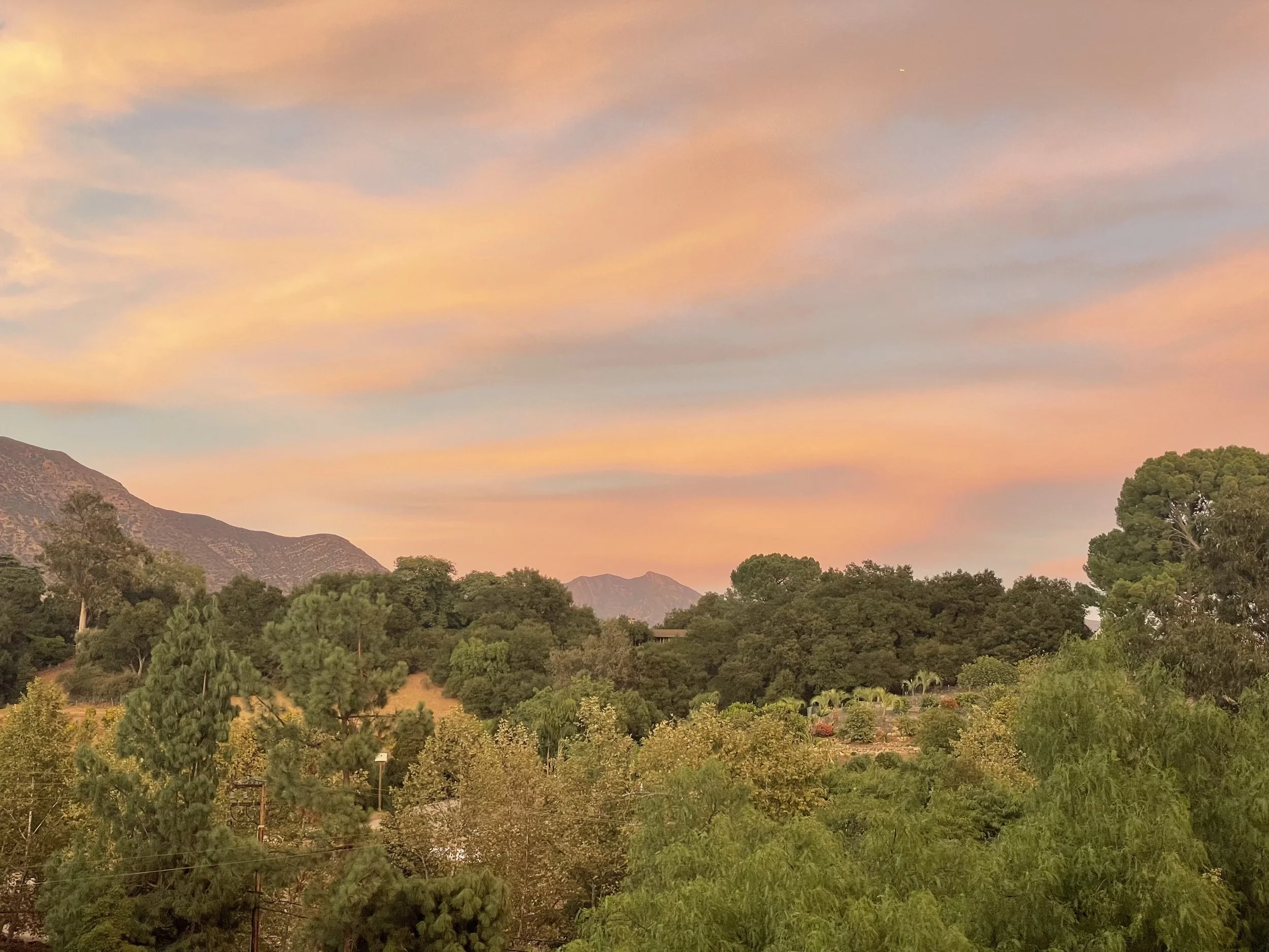 A scenic view of a sunset sky with pink and orange clouds over a landscape of lush green trees and distant mountains.