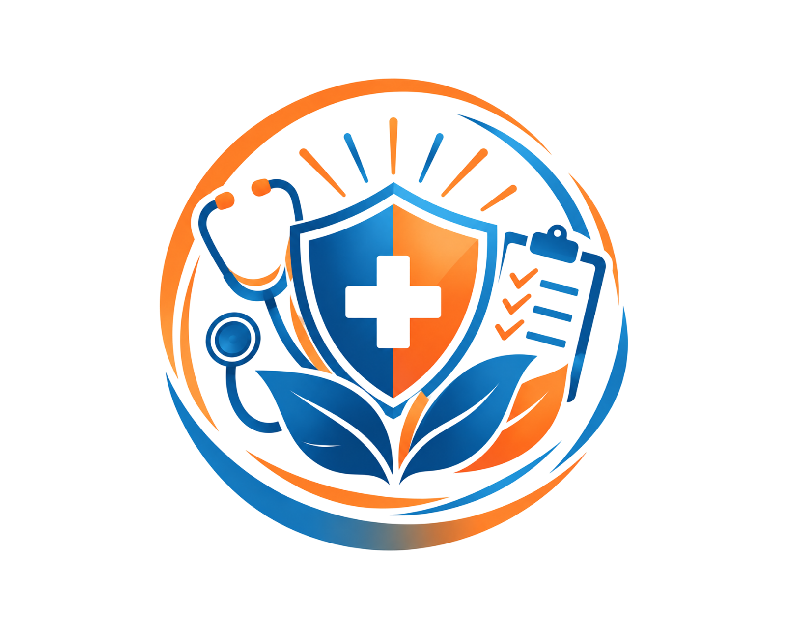 Blue and orange illustration of a shield with a medical cross, leaves, and healthcare icons inside a circular outline