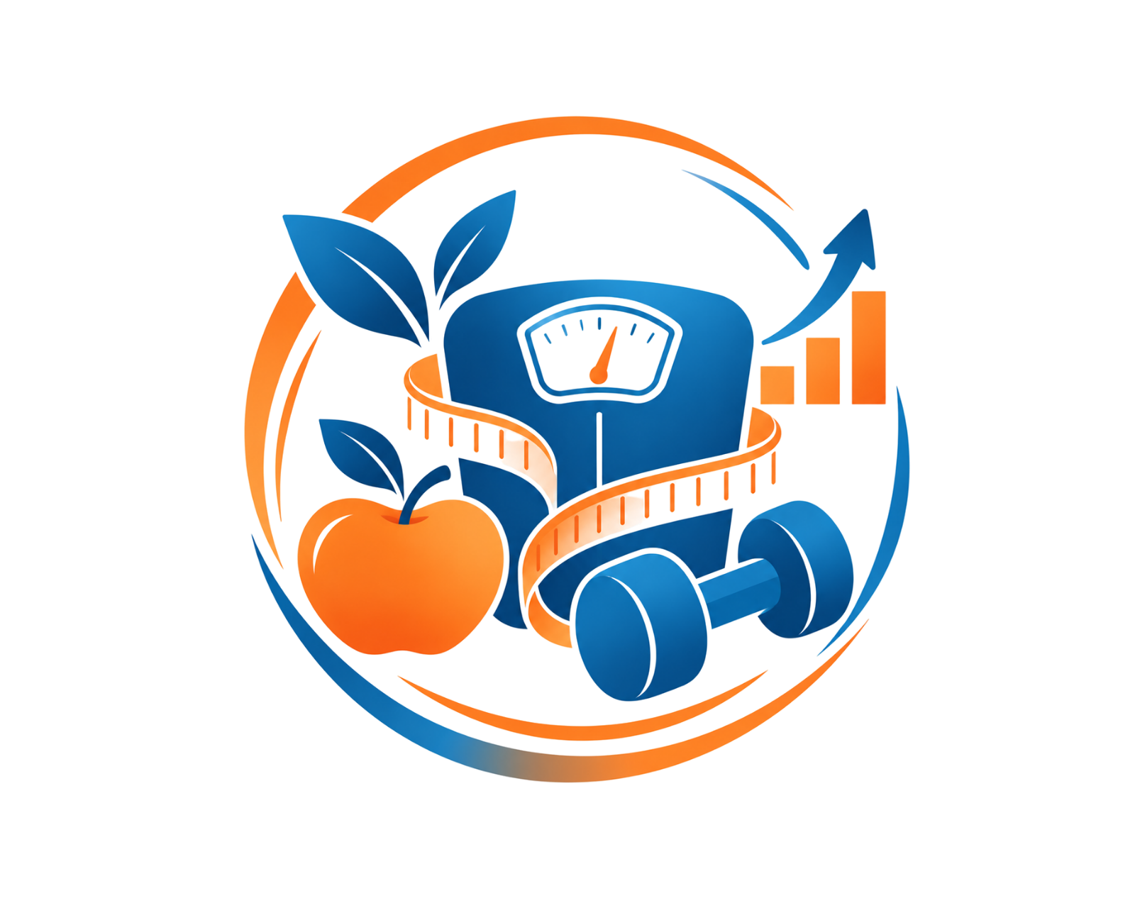 Colorful fitness and wellness illustration featuring a smartwatch, apple, dumbbell, measuring tape, leaves, and bar chart