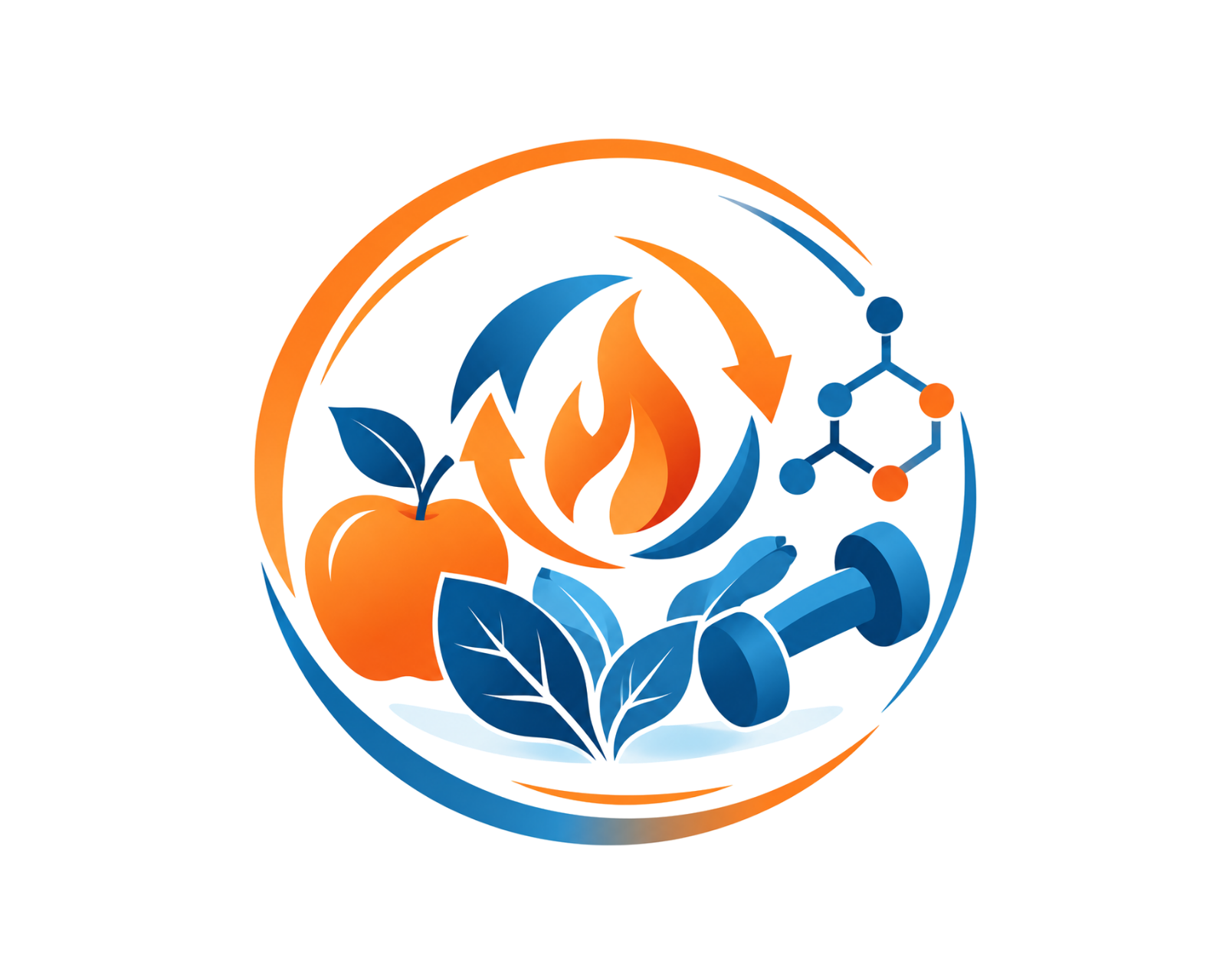 Colorful illustration of a healthy lifestyle featuring an apple, leaves, flame, dumbbells, and molecular structure inside a circular design