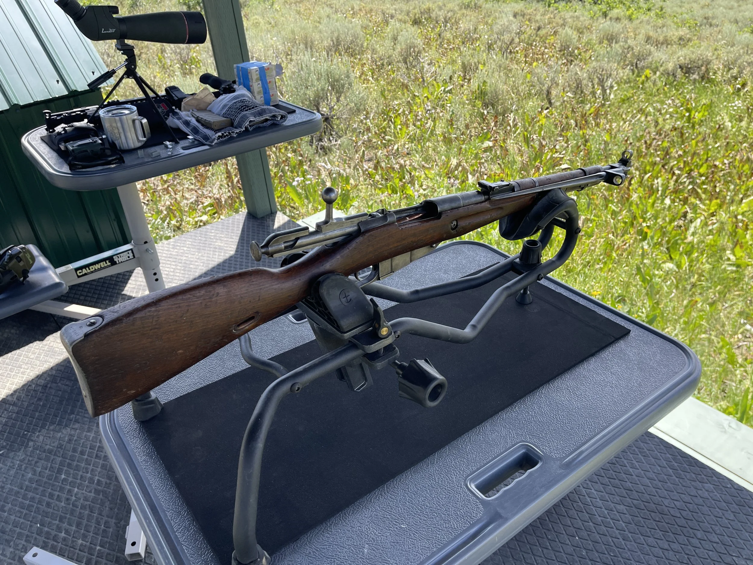 Mosin-Nagant in a vise for sighting in.
