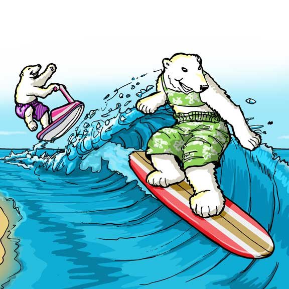 Cartoon Style Summer Brochure "Polar Bears On The Beach" B, With Surf and Jet Ski Bears