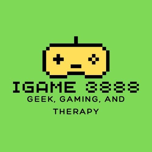 Pixelated graphic of a game controller with text 'IGAME 3888 GEEK, GAMING, AND THERAPY' on a green background.