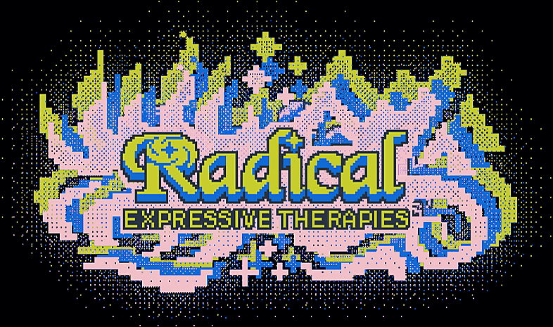 Colorful pixel art graphic with the words "Radical Expressive Therapies" surrounded by stars and abstract designs.