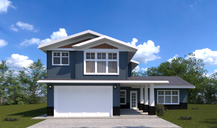 Modern two-story house with blue siding, white accents, a front porch, and a two-car garage, surrounded by a green lawn and trees under a partly cloudy sky.