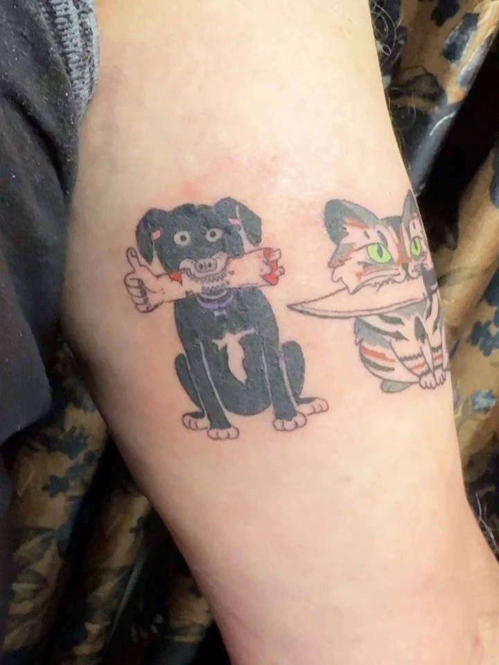 Now this is a creative way to do a pet tattoo! So fun to make these lil guys look like his pets! 

#sacramentotattooartist #pettattooportrait #cattattoo #dogtattoos