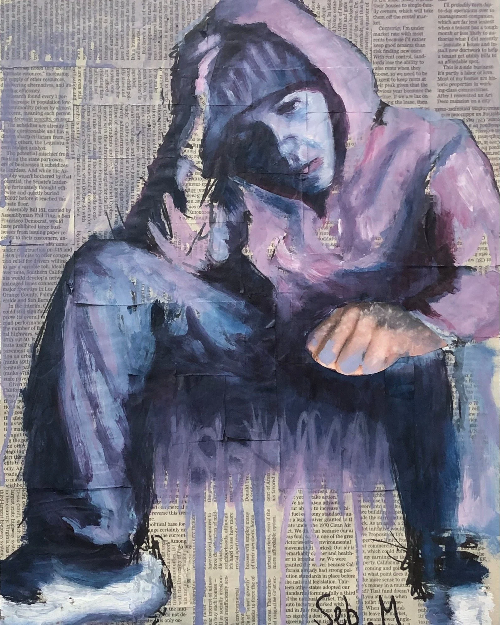 Urban solitude and resiliency in the struggle for recognition and acceptance. 
This painting, Urban Thought, is an original artwork by expressionist artist Sébastien Montel. 
Created in 2025, 16x12, oil and collage on canvas.
Artworks are a
