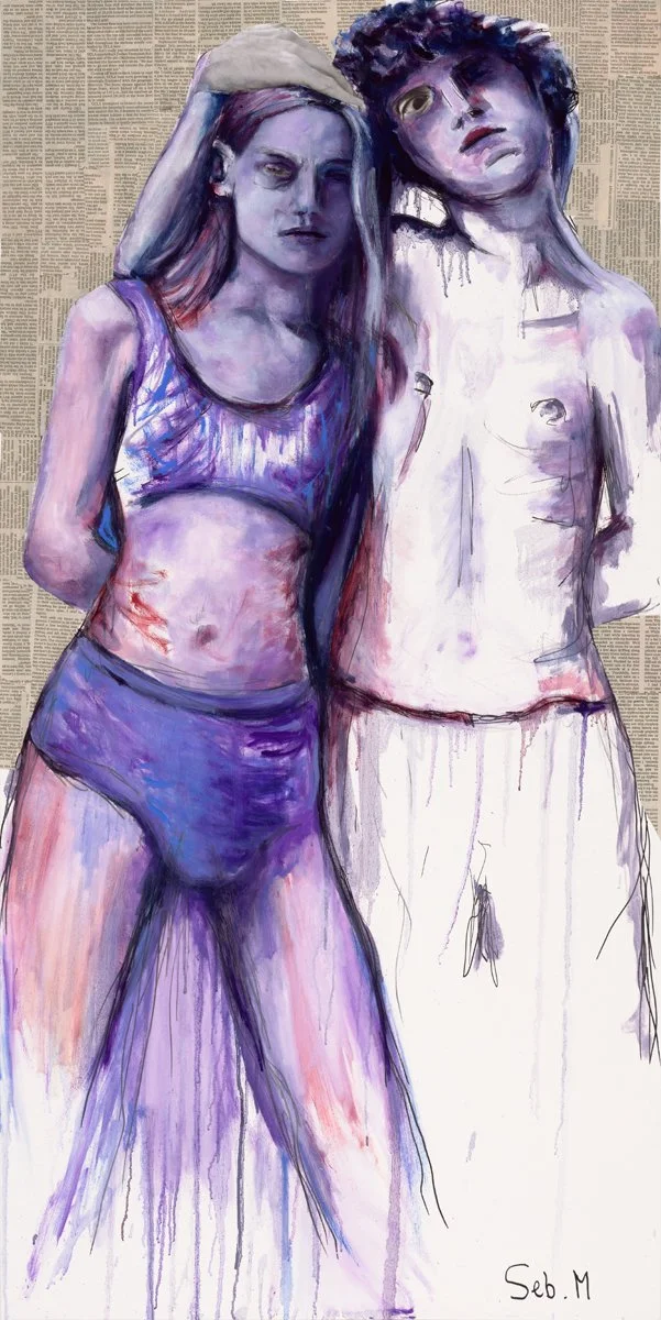 “Lonely Together” by Sébastien Montel, 2025 — mixed media oil and collage painting exploring themes of connection and solitude.