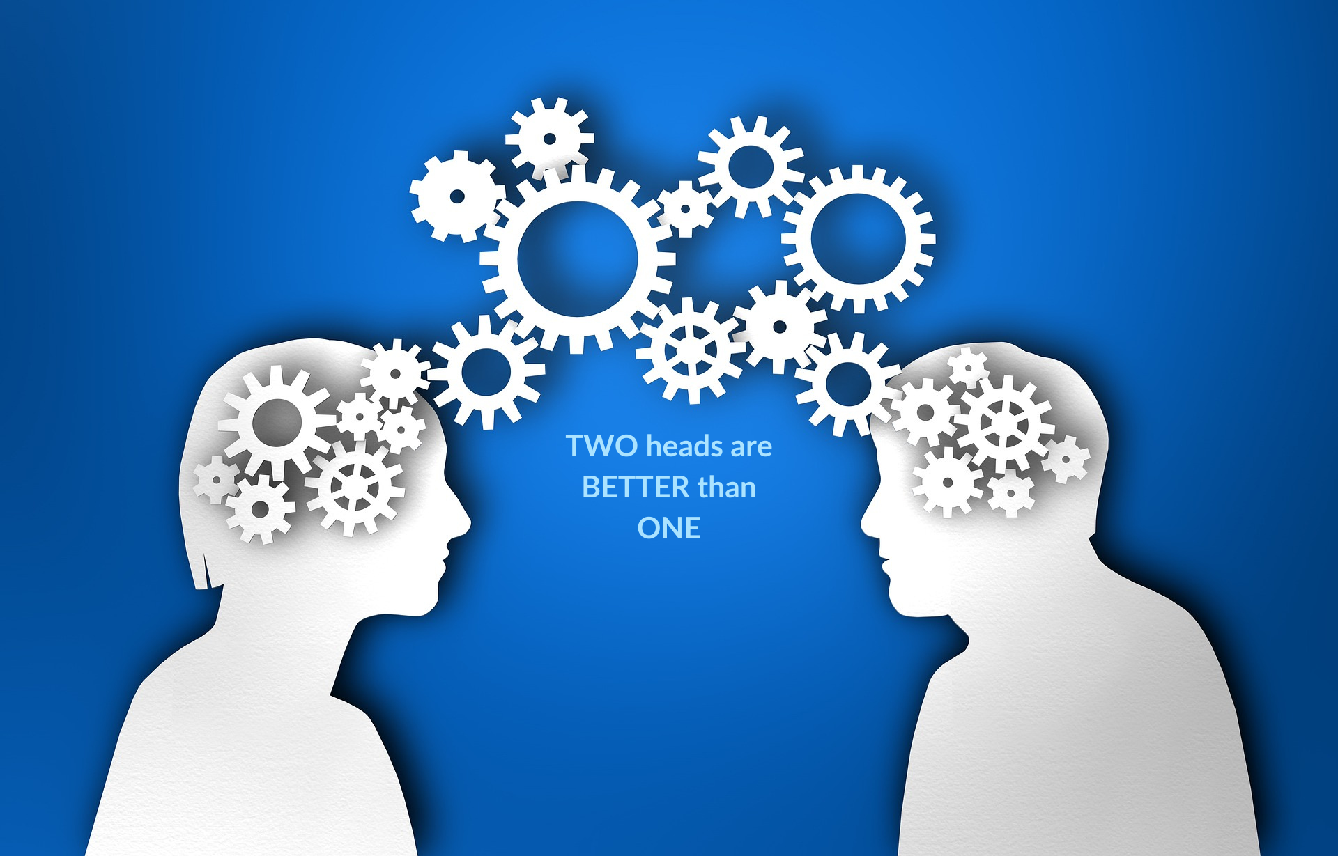 Two heads connected by cogs symbolising teamwork, collaboration, and strategic business problem-solving.