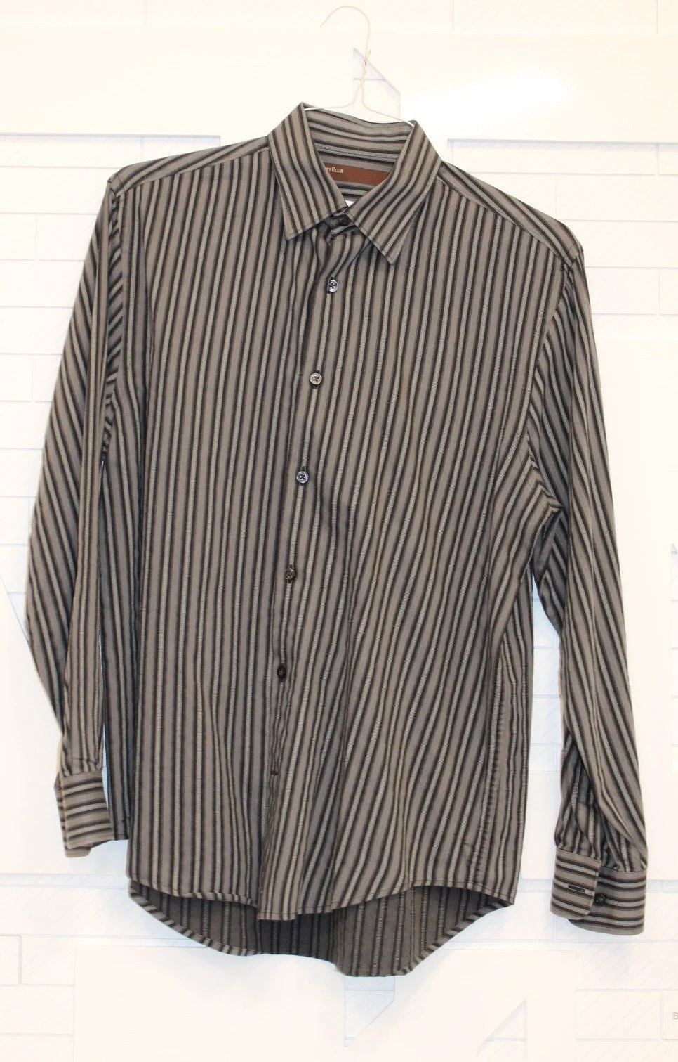 Men's Grey w/ Stripes Dress Shirt: Large