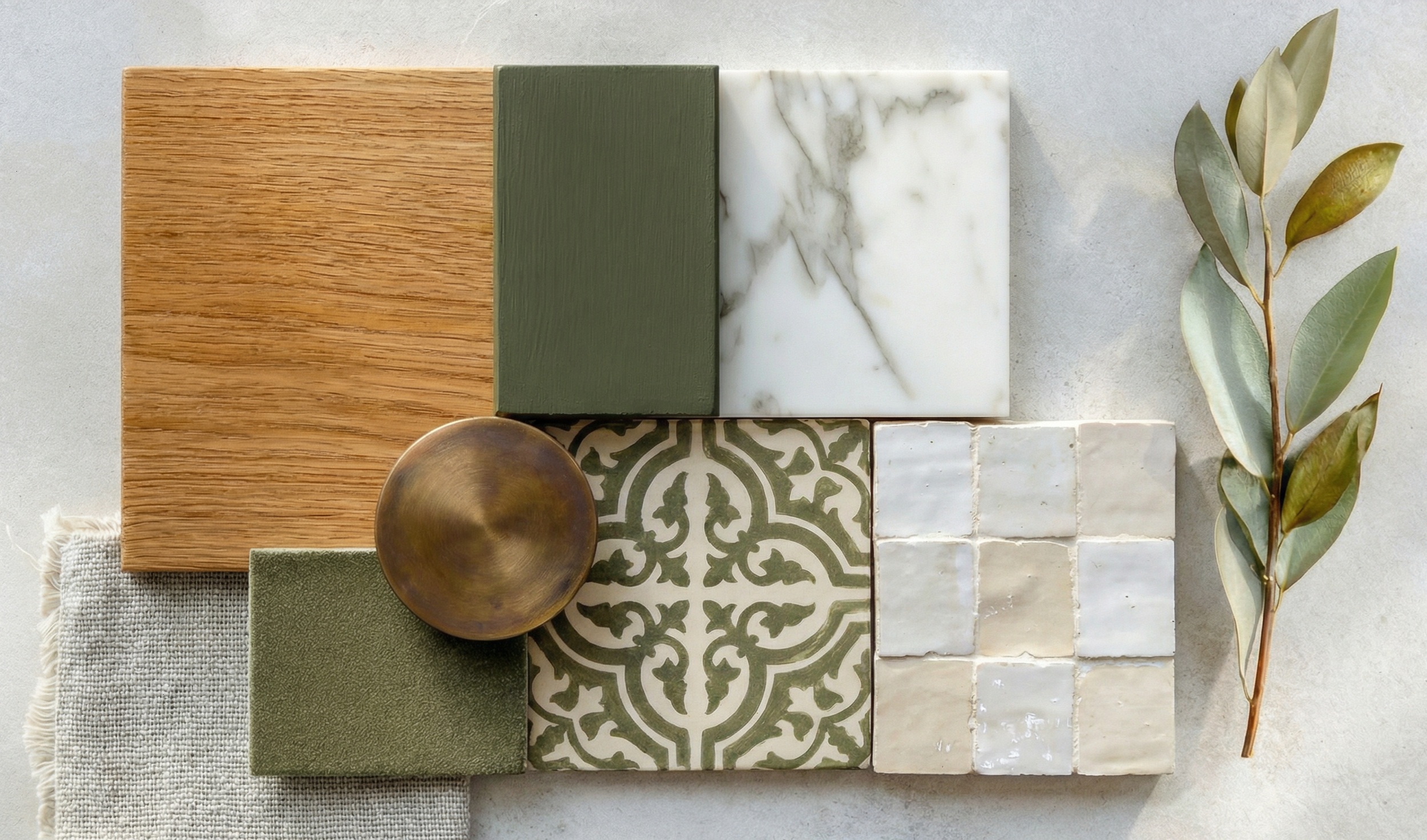 A top-down view of various interior design materials, including wood, green paint, marble, patterned tiles, fabric, a brass bowl, and eucalyptus leaves.