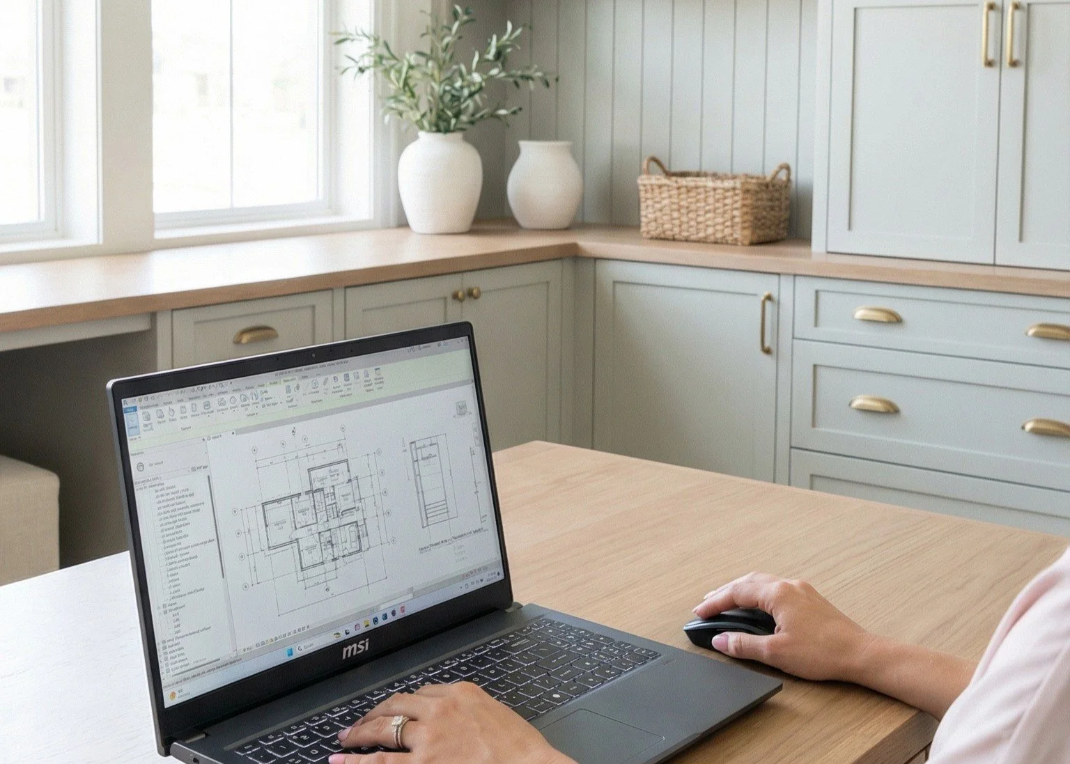 A person working on a laptop with an architectural blueprint on the screen, sitting at a wooden table in a kitchen with light blue cabinets, a window with white trim, and decorative vases and basket on the countertop.