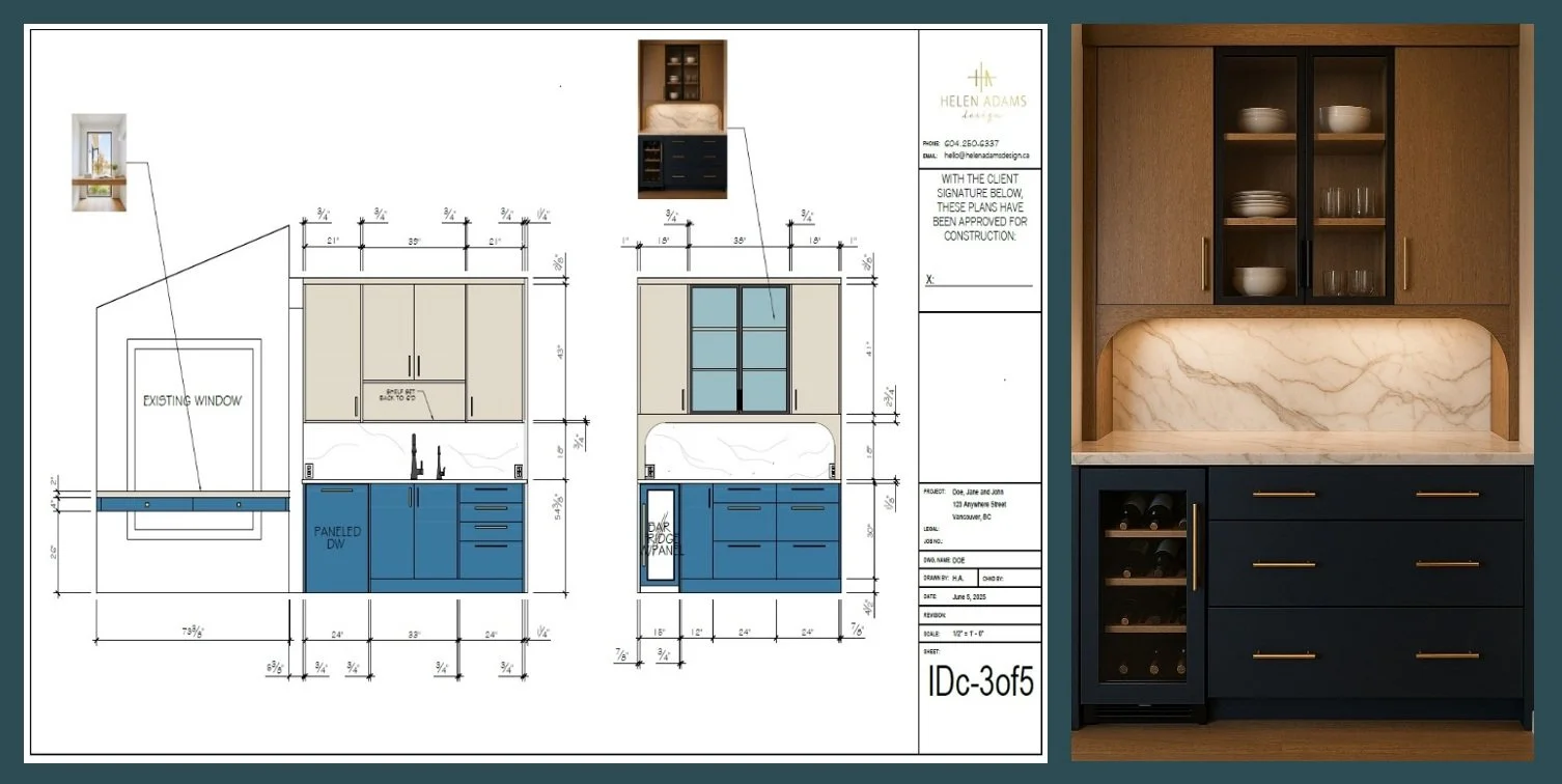 Design plan for a kitchen cabinet with upper and lower cabinets, a built-in wine fridge, and a marble backsplash, shown from different views.