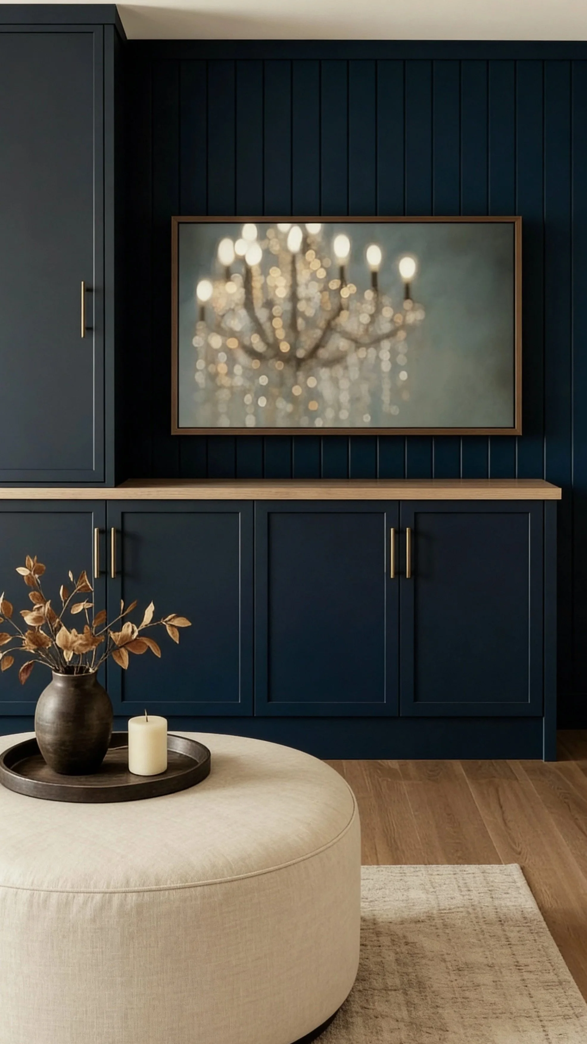Living room with navy blue cabinets, a mirror, a table with a vase and candle, and a chandelier reflected in the mirror.