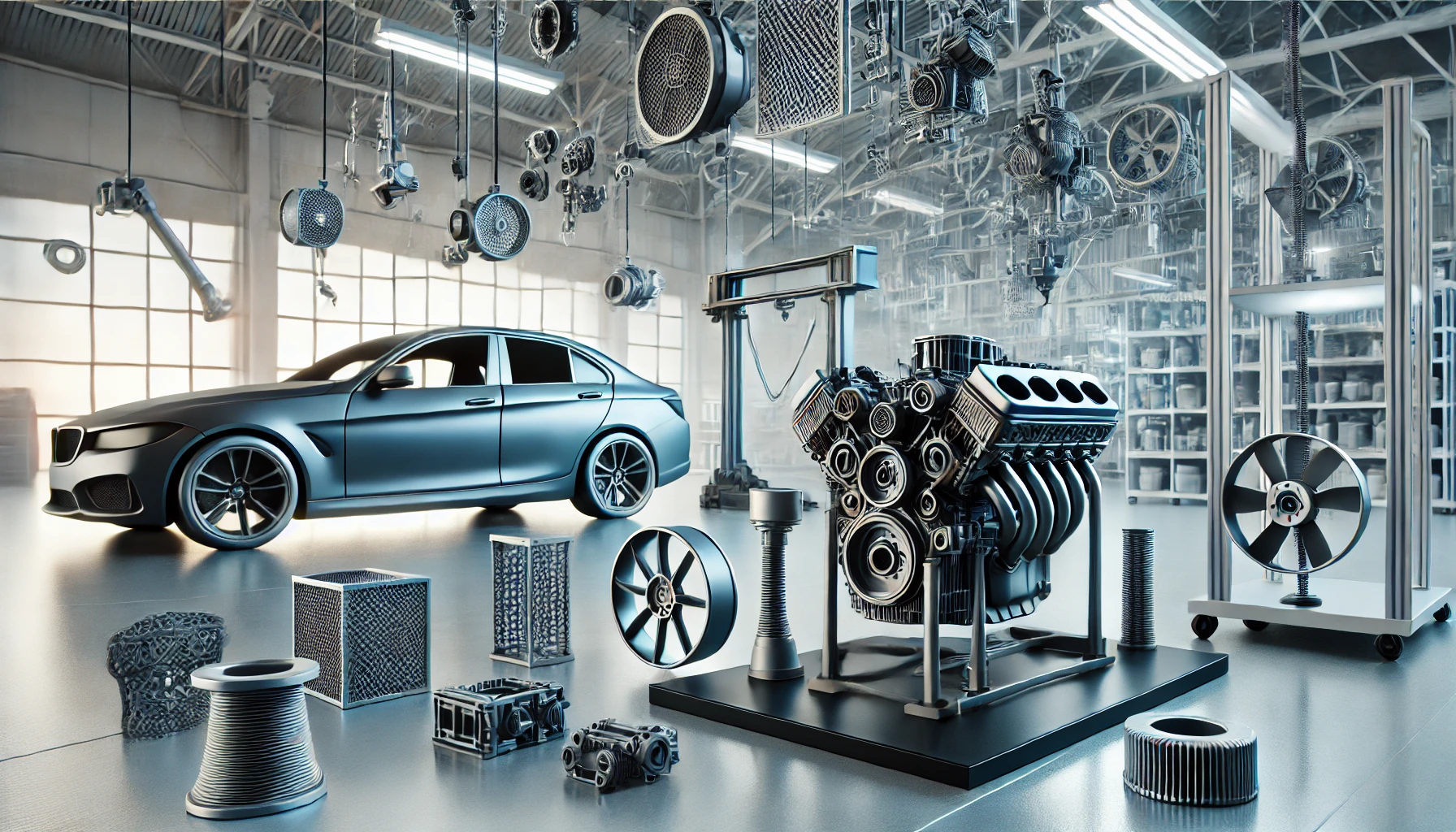DALL·E 2024-12-22 00.37.41 - A modern automotive workshop featuring 3D-printed car components such as lightweight engine parts and intricate prototypes. The scene is well-lit, sho.png