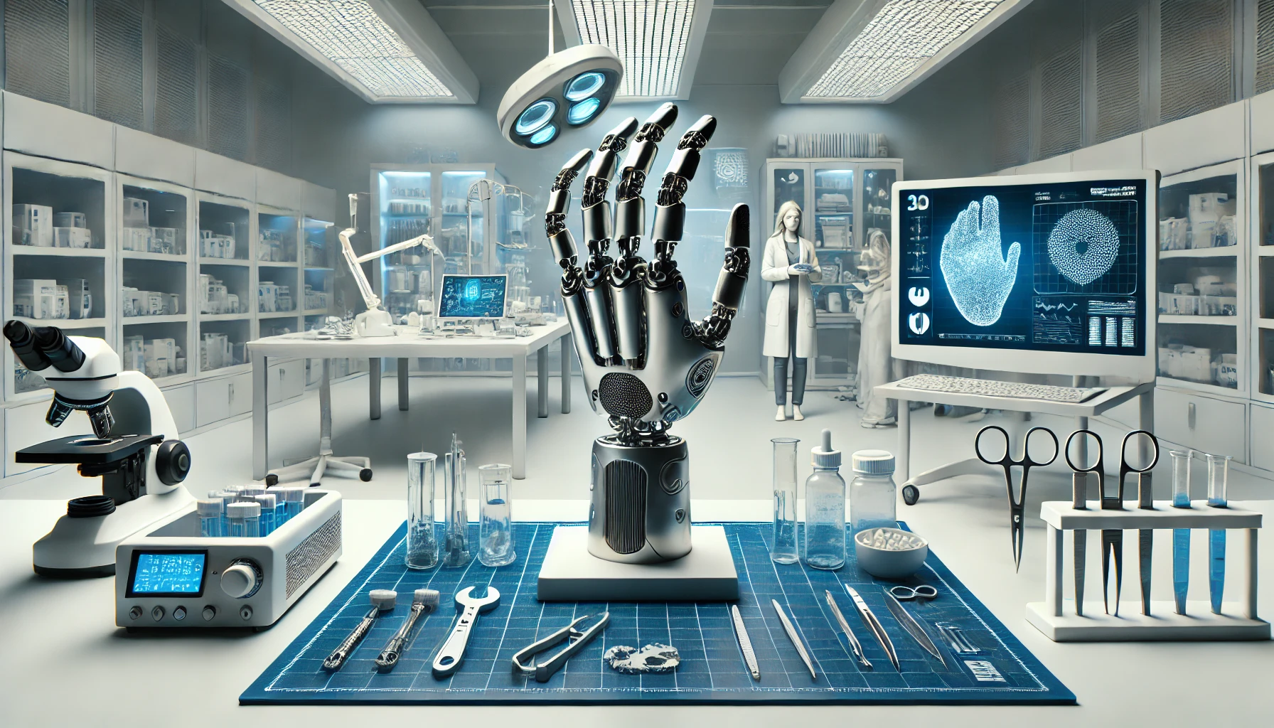 DALL·E 2024-12-22 00.42.11 - A high-tech medical laboratory featuring a 3D-printed prosthetic hand on display, surrounded by advanced equipment and tools. The scene emphasizes inn.png