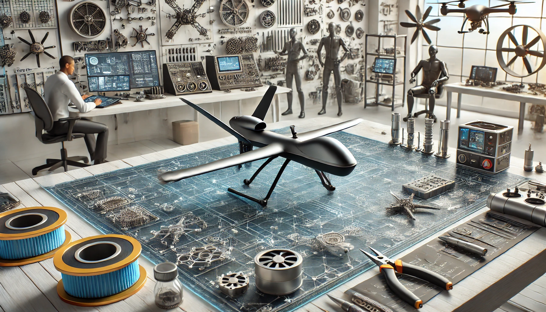 DALL·E 2024-12-22 00.37.36 - An advanced aerospace design studio with a sleek, 3D-printed drone prototype on a table, surrounded by engineers and aerospace tools. The scene captur.png